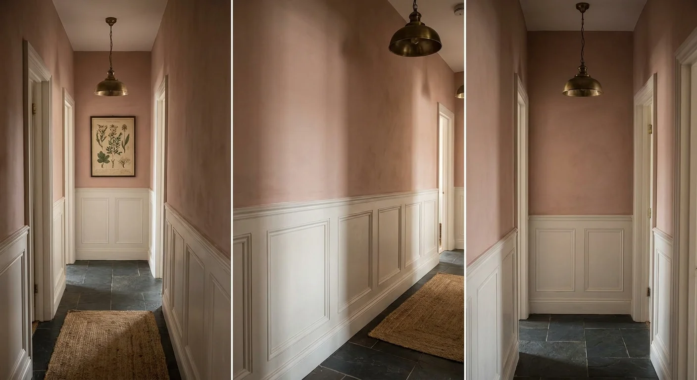 A sophisticated hallway with white wainscoting and dusty pink upper walls over dark slate floors.