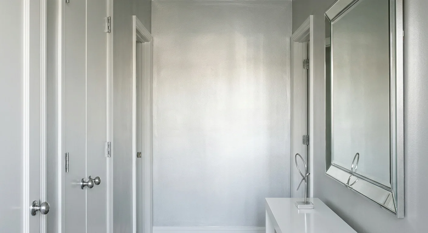 A sophisticated pearly-grey hallway with chrome hardware and a metallic-framed mirror.