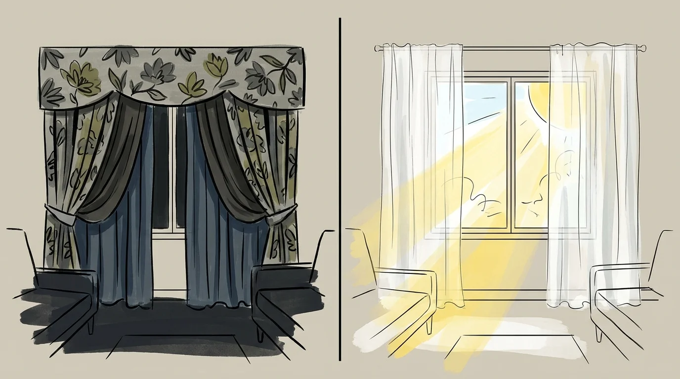 A split illustration comparing heavy floral window curtains with modern, light-filtering sheer curtains.