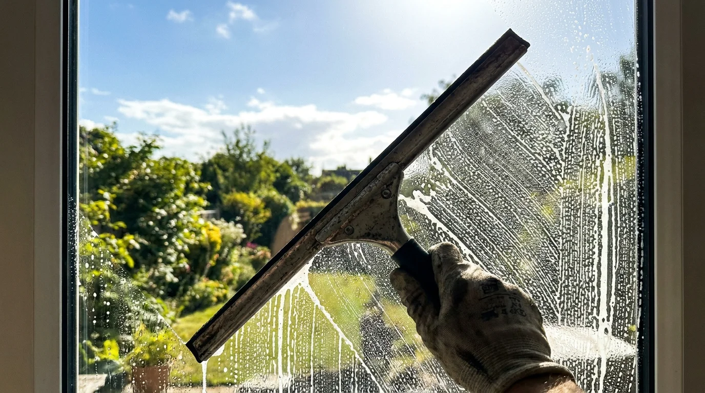 A squeegee clearing foam from a window to reveal a sharp, clear view of a garden.