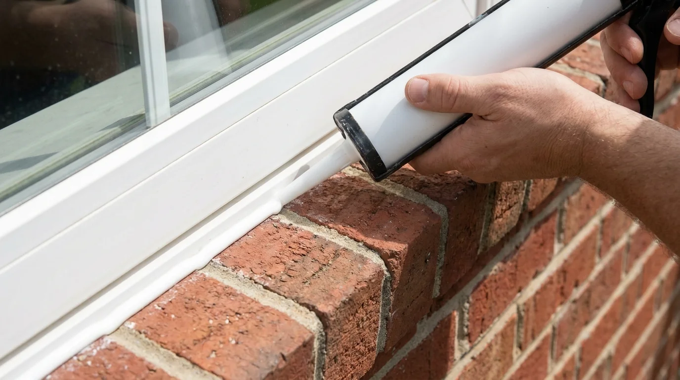 A steady hand applying a white bead of caulk to the joint between a window frame and a brick wall.