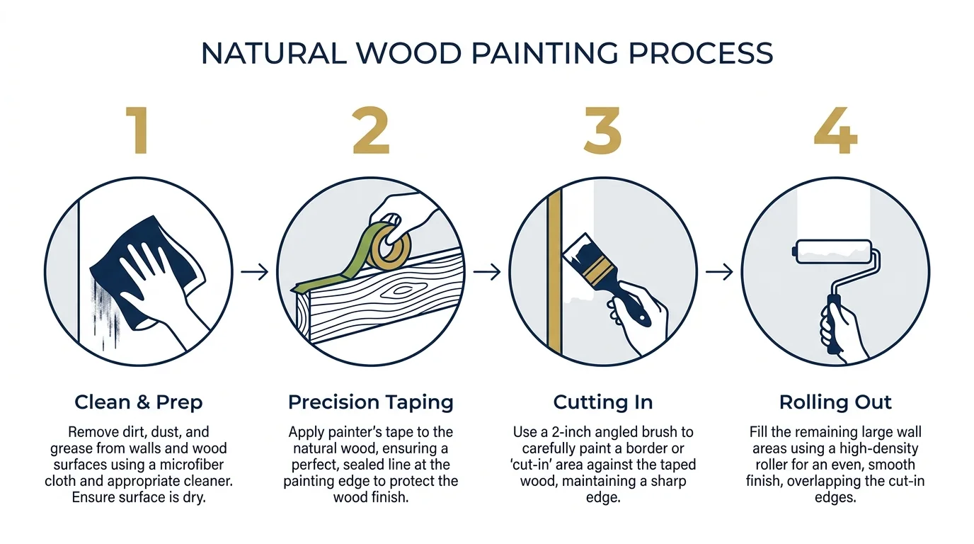 A step-by-step diagram showing the process of cleaning, taping, cutting in with a brush, and rolling paint.