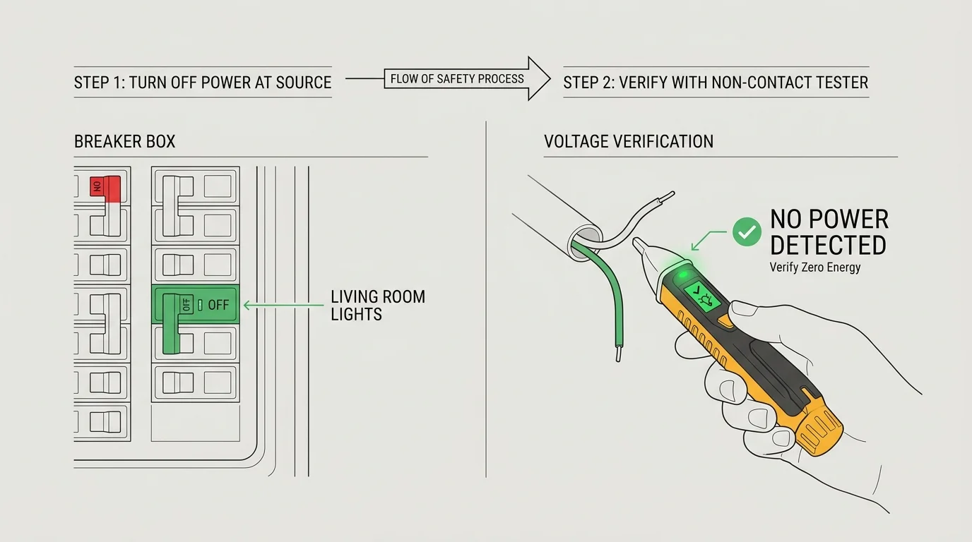 A technical diagram showing a circuit breaker switched to the off position and a voltage tester confirming the power is disconnected.