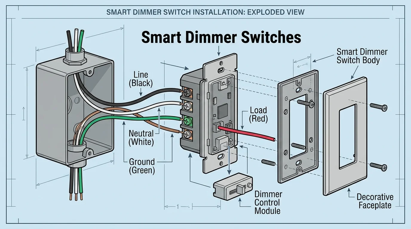 A technical wiring diagram for a smart dimmer switch with color-coded labels for Line, Load, Ground, and Neutral.
