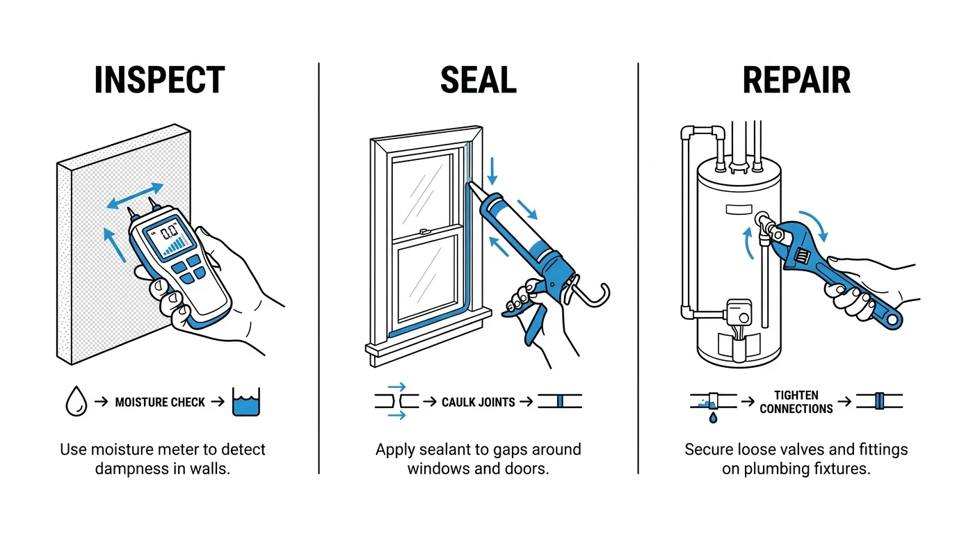 A three-panel diagram showing the steps of inspecting with a meter, sealing with caulk, and repairing a valve.