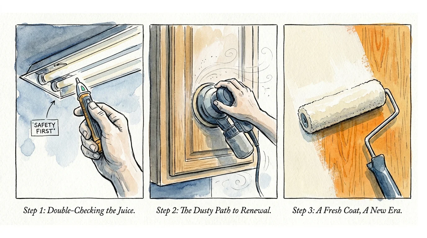 A three-panel watercolor illustration showing a person testing electricity, sanding a cabinet, and painting over oak wood.