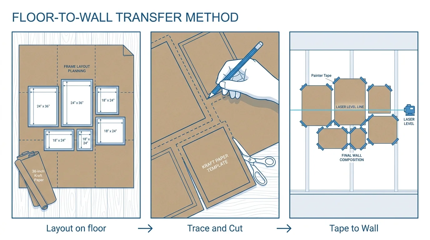 A three-part diagram showing how to layout frames on kraft paper, trace them, and tape the paper templates to the wall.