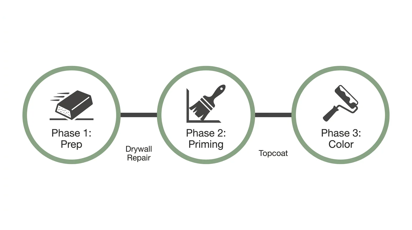 A three-step horizontal flowchart showing the phases: Prep, Priming, and Color.