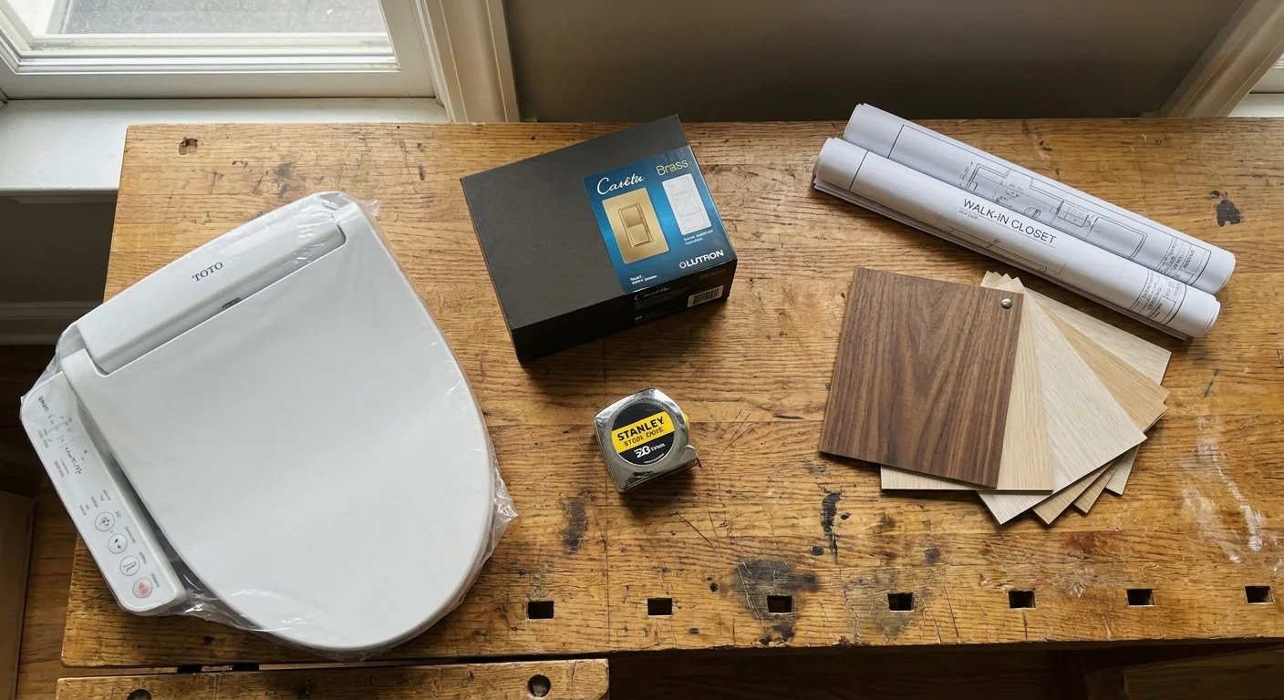 A top-down documentary-style photo of home renovation tools and luxury materials like a bidet seat and smart switches.