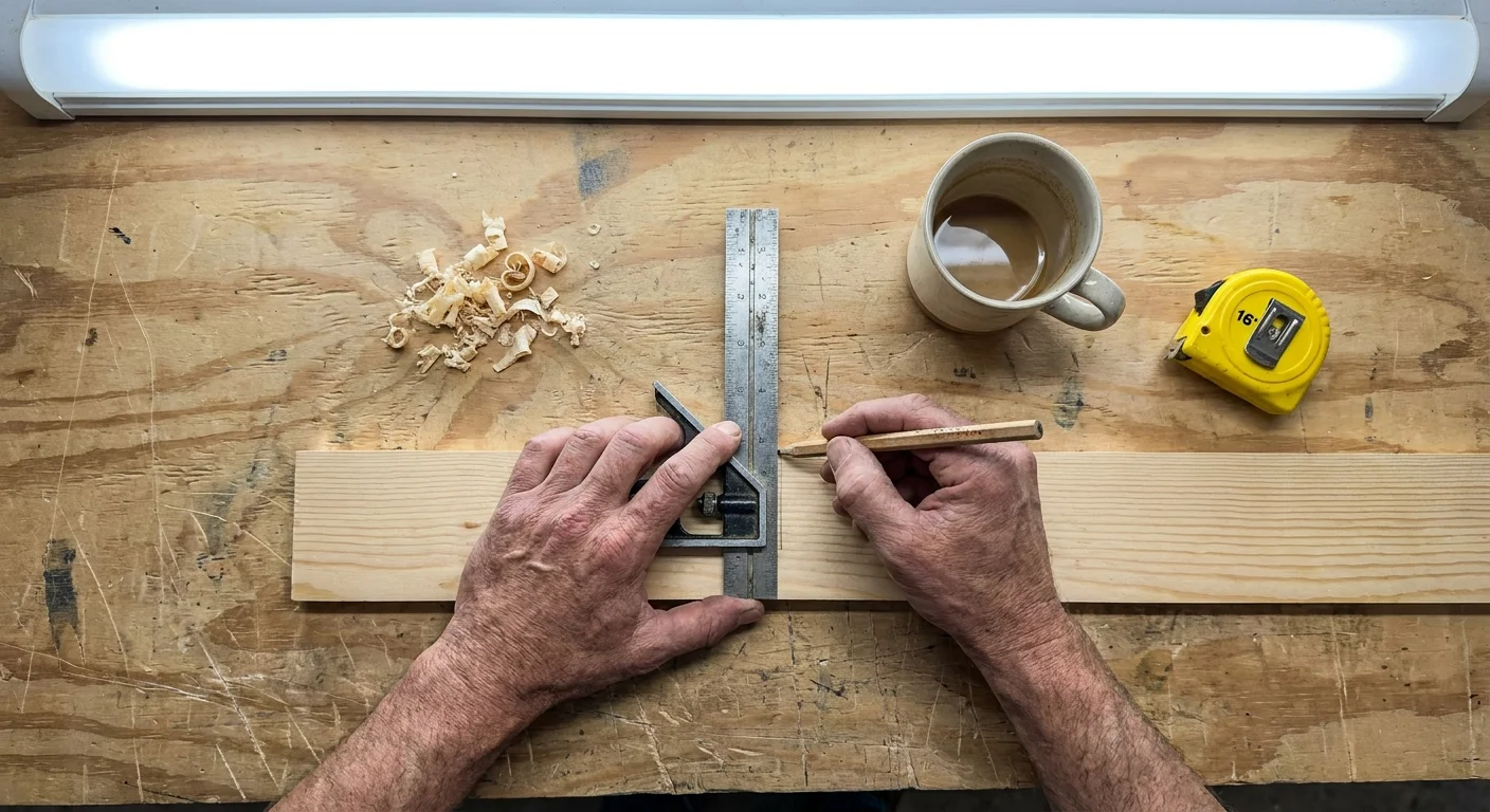 A top-down view of hands using a combination square and pencil to mark a piece of pine wood.