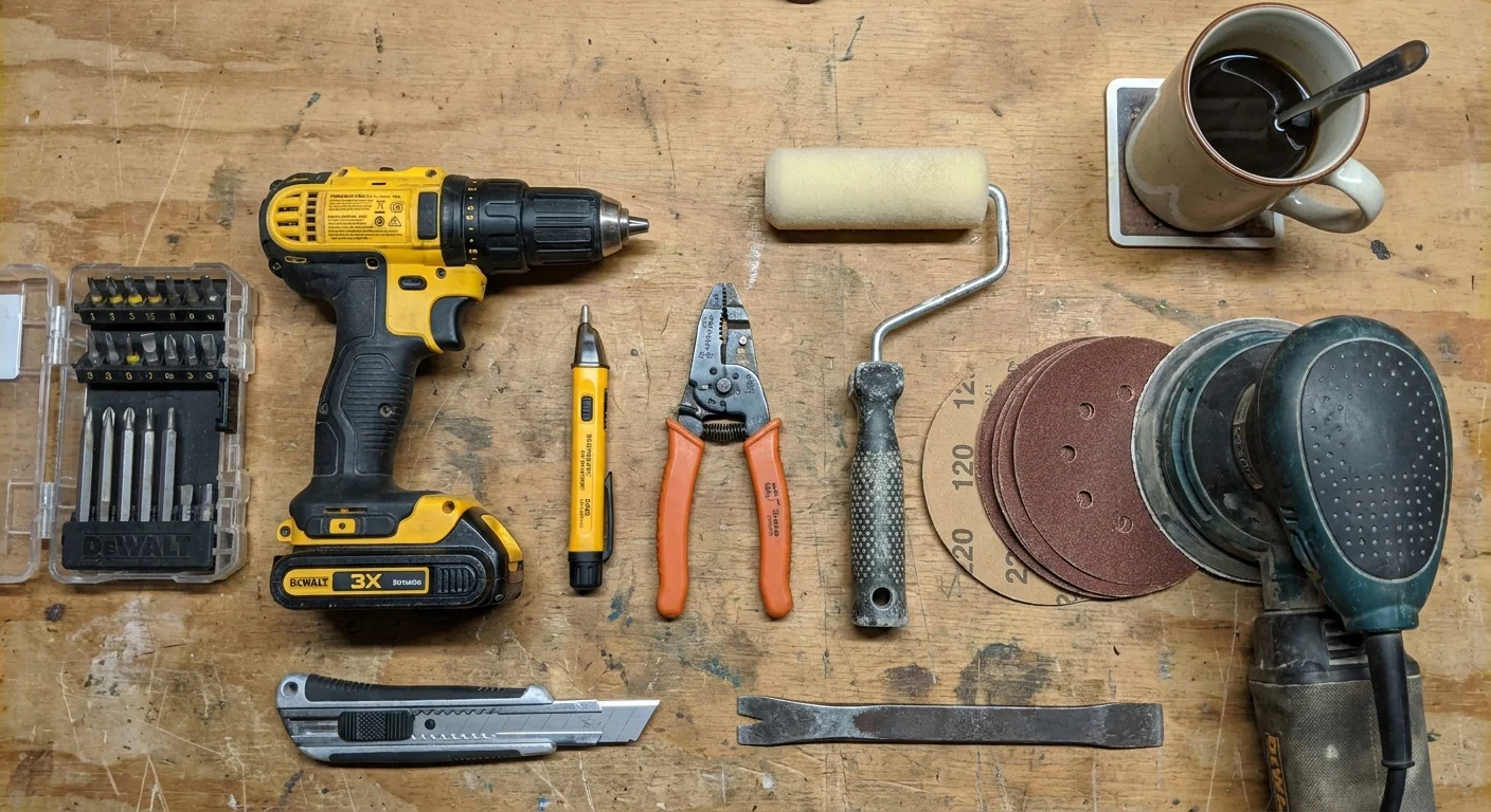 A top-down view of kitchen remodeling tools including a drill, voltage tester, foam rollers, and sandpaper arranged on a work surface.