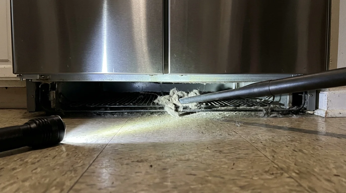 A vacuum cleaner attachment clearing dust from the condenser coils underneath a stainless steel refrigerator.