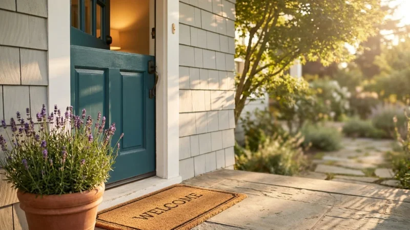 A vibrant teal front door on a grey house at sunset, surrounded by potted plants and a welcome mat.