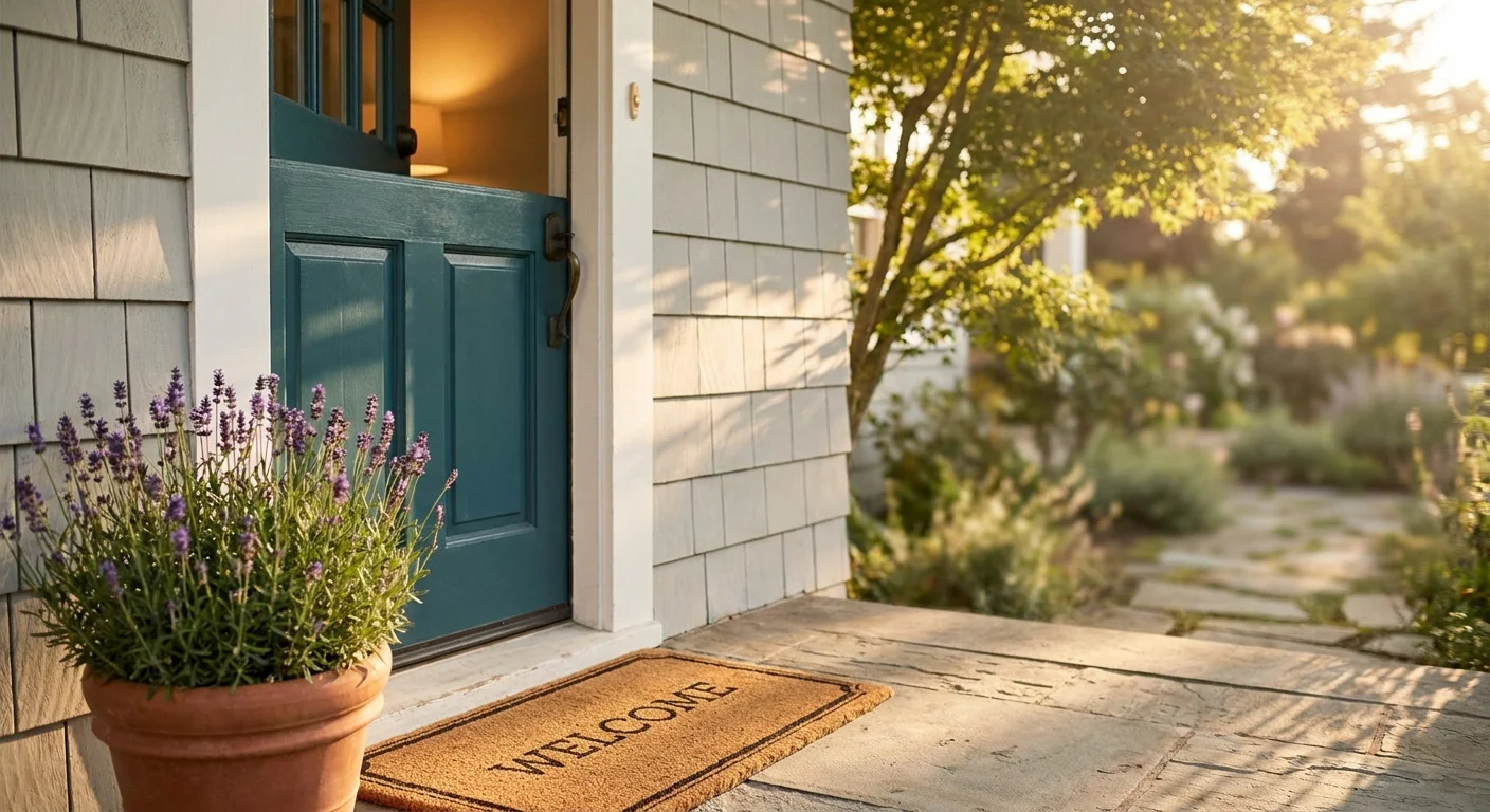 A vibrant teal front door on a grey house at sunset, surrounded by potted plants and a welcome mat.