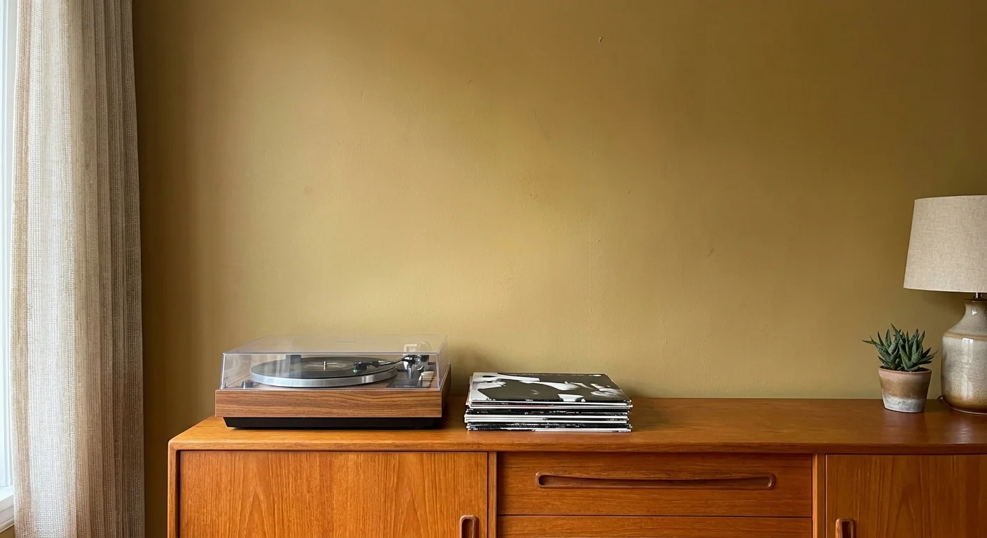 A vintage teak sideboard against a pale mustard yellow wall in a mid-century modern style room.