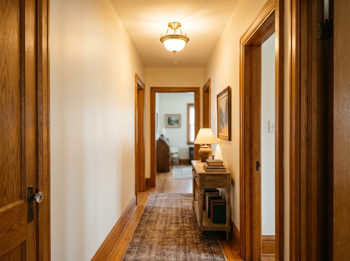 A warm, creamy off-white hallway with oak wood trim and a glowing brass ceiling light.