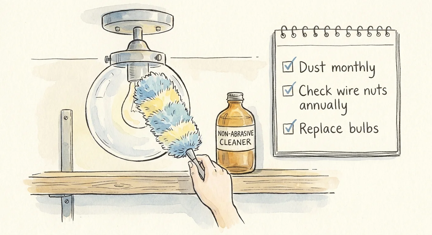 A watercolor illustration of a person dusting a light fixture, with a checklist for long-term maintenance tasks.