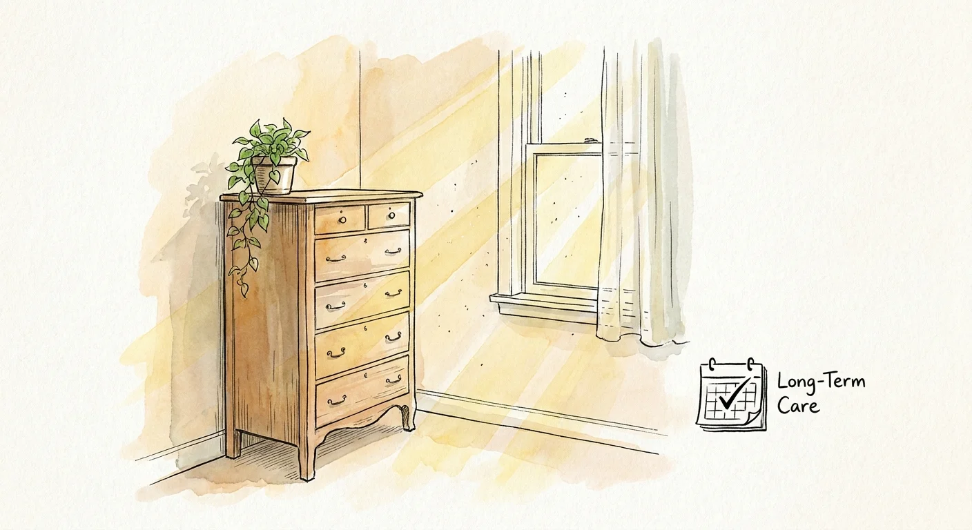 A watercolor illustration of a vintage dresser in a sunny room with a plant on top, symbolizing long-term care.