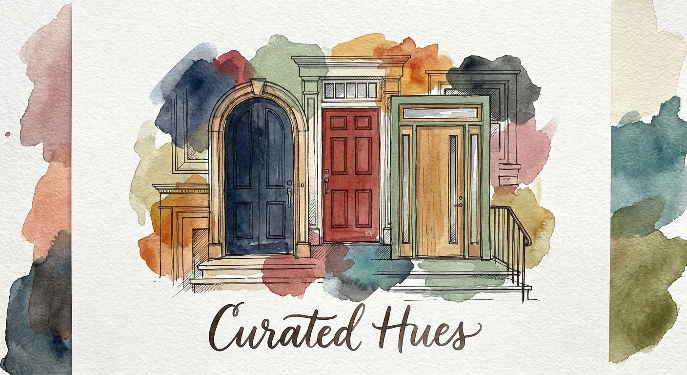 A watercolor illustration of different front door styles and colorful paint splashes.