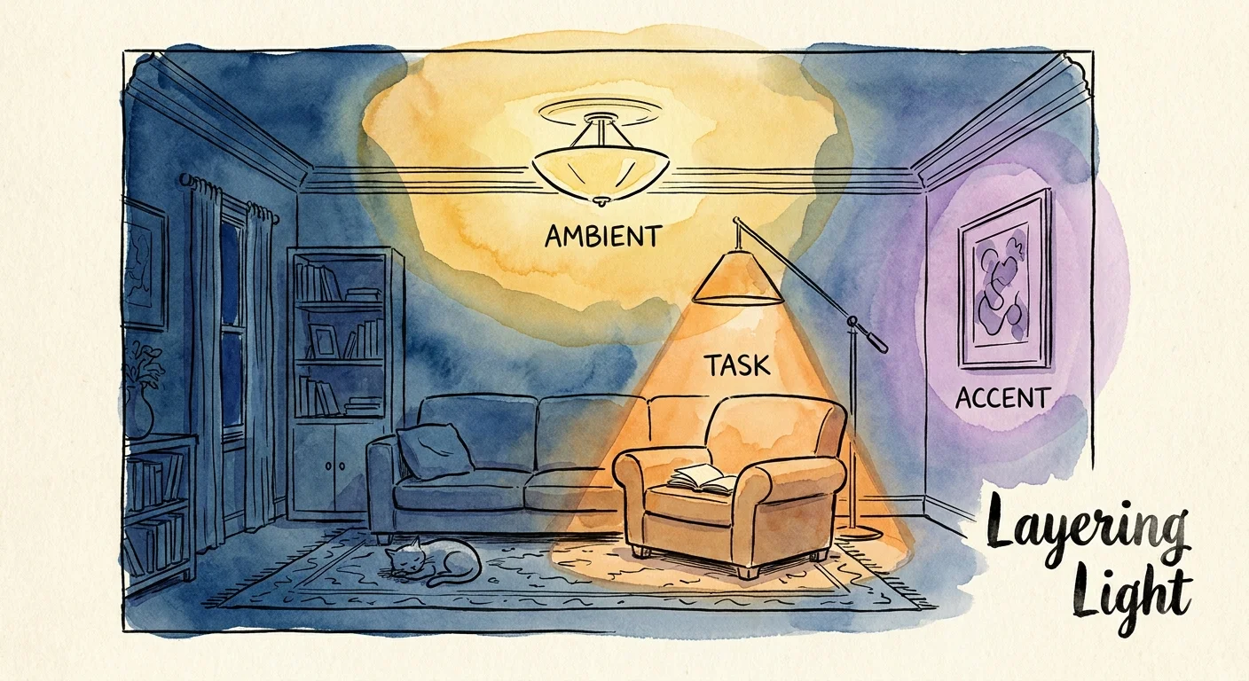 A watercolor illustration showing how different light sources—overhead, task, and accent—work together to brighten a living room.