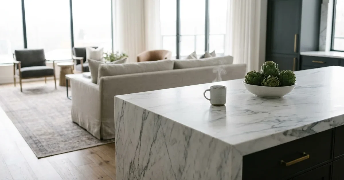 A wide-angle editorial photo of a luxury open-concept kitchen with a large marble island and soft morning sunlight.