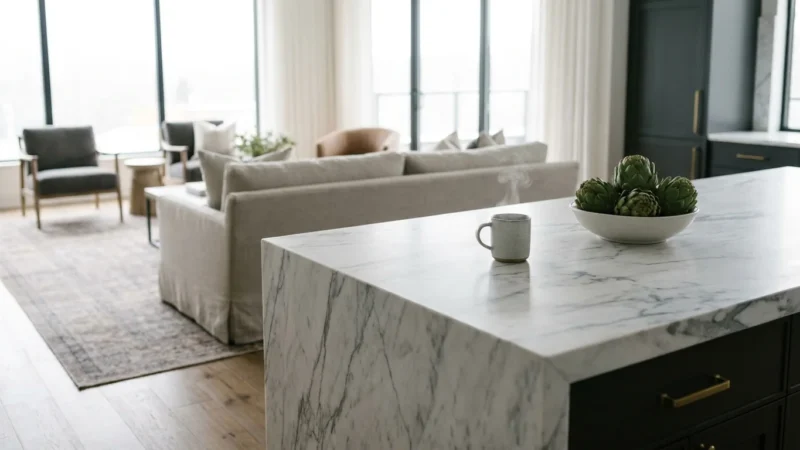 A wide-angle editorial photo of a luxury open-concept kitchen with a large marble island and soft morning sunlight.