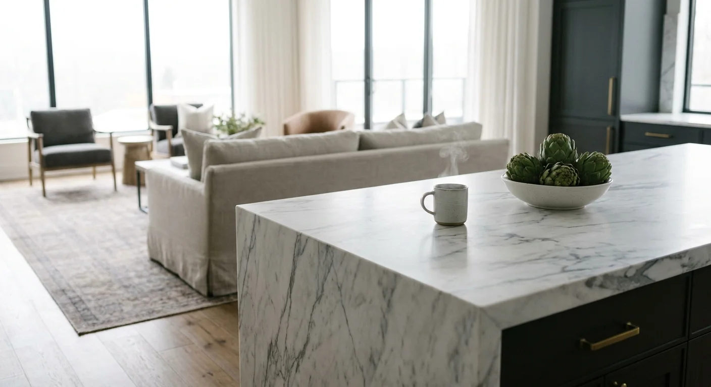 A wide-angle editorial photo of a luxury open-concept kitchen with a large marble island and soft morning sunlight.