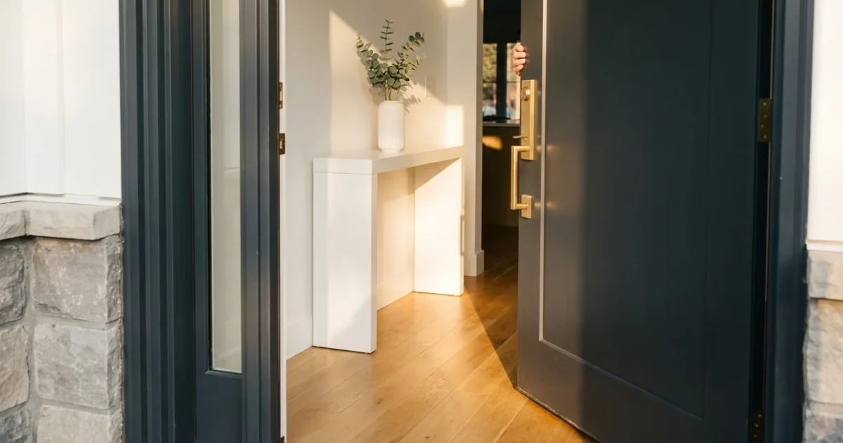 A wide-angle shot of a freshly painted front door opening into a bright, clean foyer with light wood floors and brass hardware.