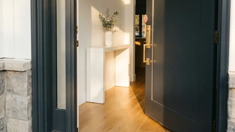 A wide-angle shot of a freshly painted front door opening into a bright, clean foyer with light wood floors and brass hardware.