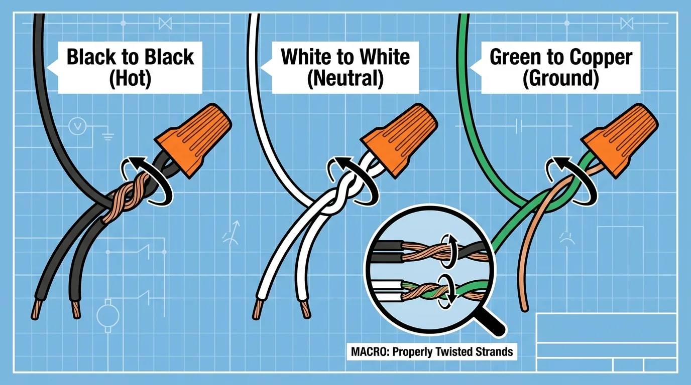 A wiring diagram showing black, white, and green wires connected with wire nuts, labeled as hot, neutral, and ground.