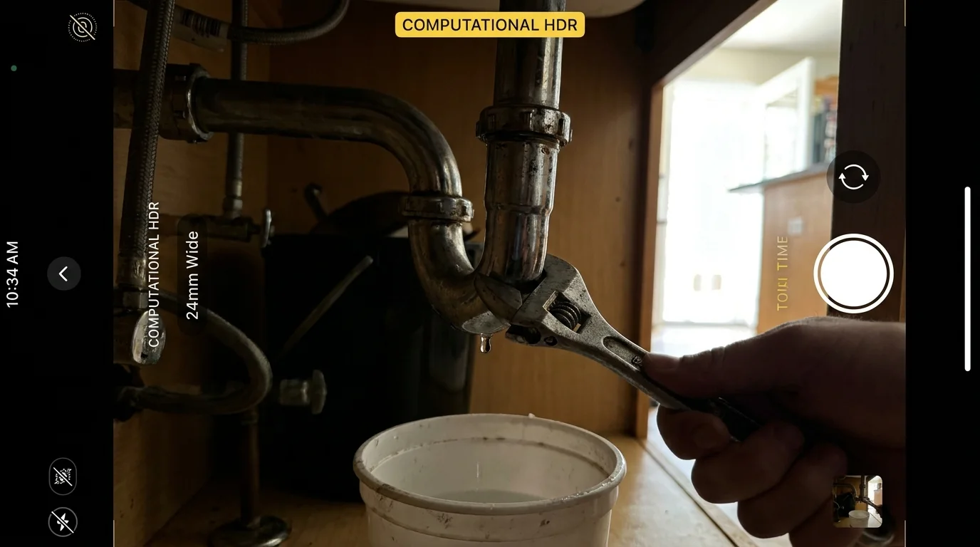 An adjustable wrench tightening a leaking chrome pipe under a kitchen sink with a drip bucket underneath.