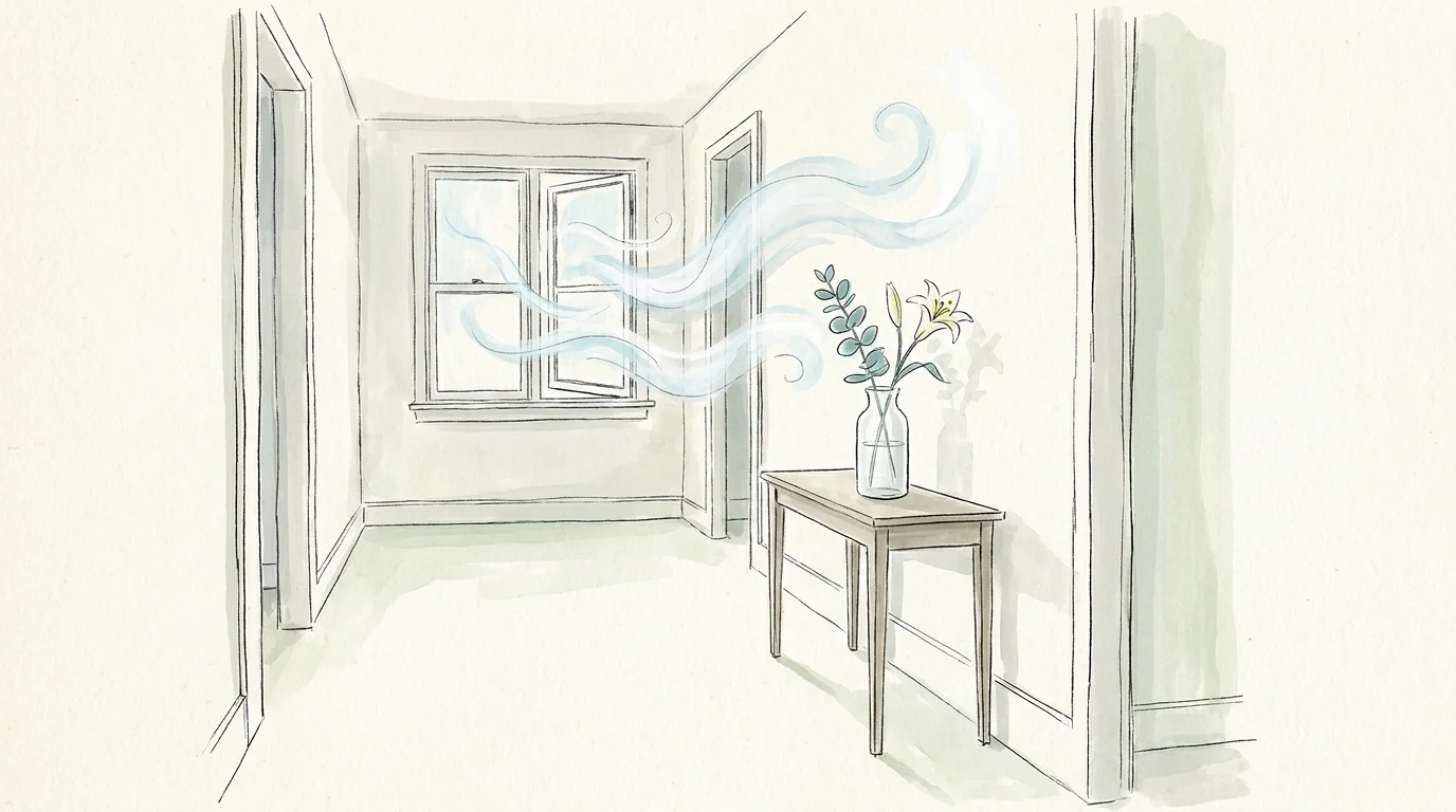 An airy watercolor illustration of a hallway with flowing blue swirls and a vase of eucalyptus.