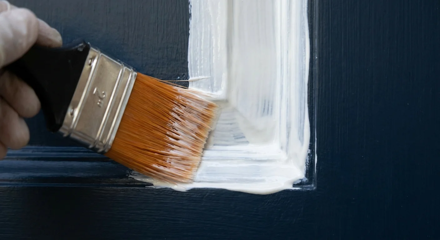 An angled paint brush applying white primer to the corner molding of a dark-colored door.