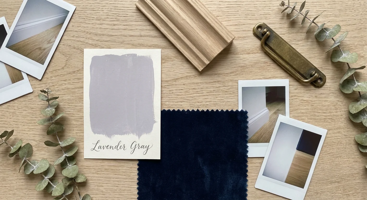 An artistic mood board flat-lay with paint swatches, wood trim, brass hardware, and fabric samples.