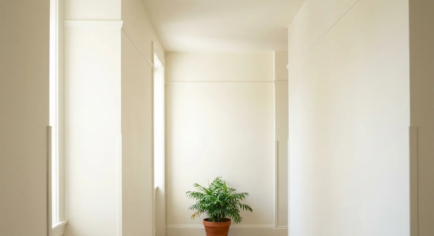An empty, clean hallway painted in a warm off-white with a single green plant at the far end.
