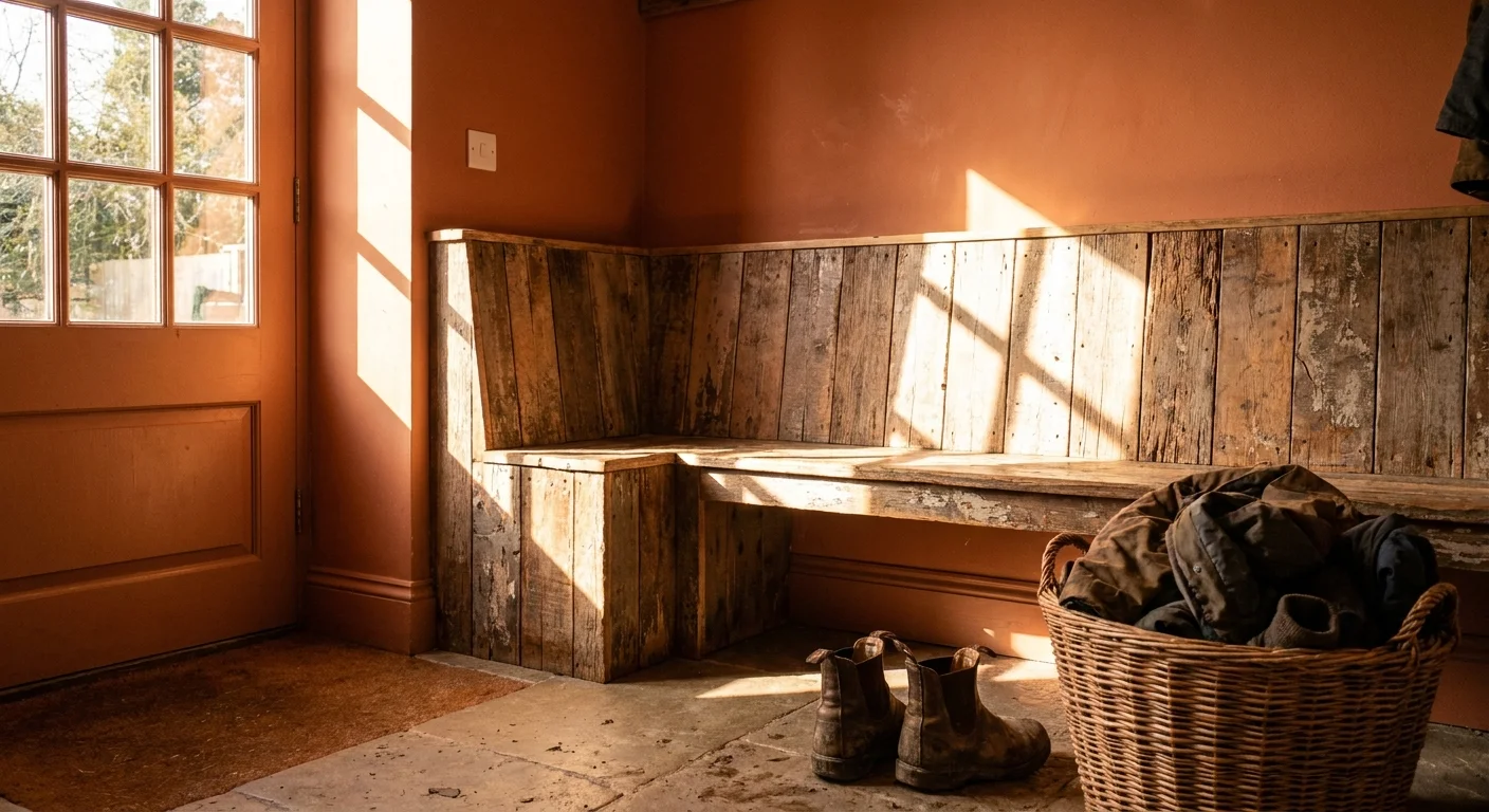 An entryway with terracotta walls and a rustic reclaimed wood bench, glowing in afternoon sunlight.