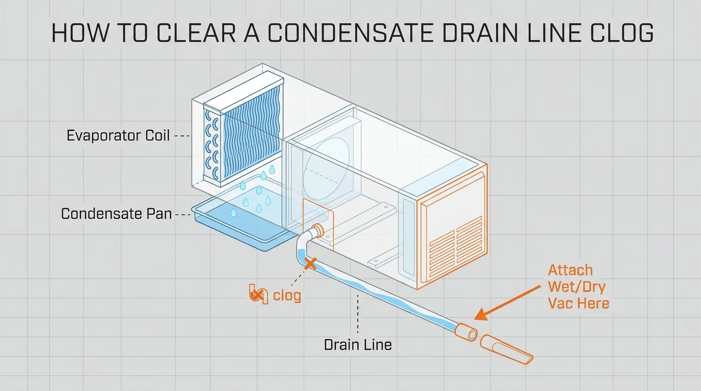 An exploded view diagram of an HVAC unit showing the path of the condensate drain line and where to clear clogs.