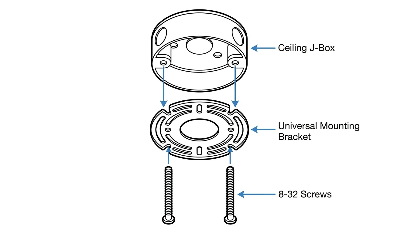 An exploded-view diagram showing how a universal mounting bracket attaches to a ceiling electrical box with screws.