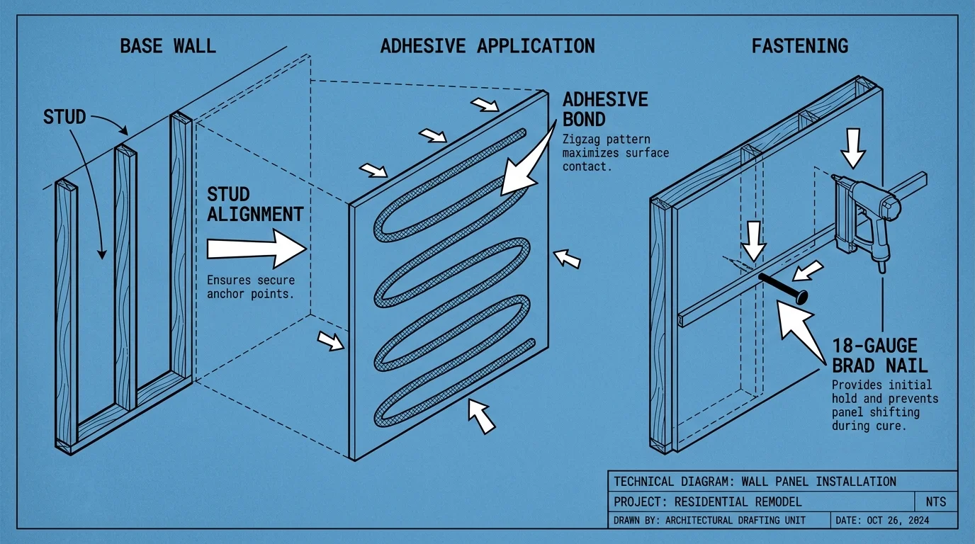 An exploded-view technical diagram showing how to glue and nail a wood panel into wall studs.