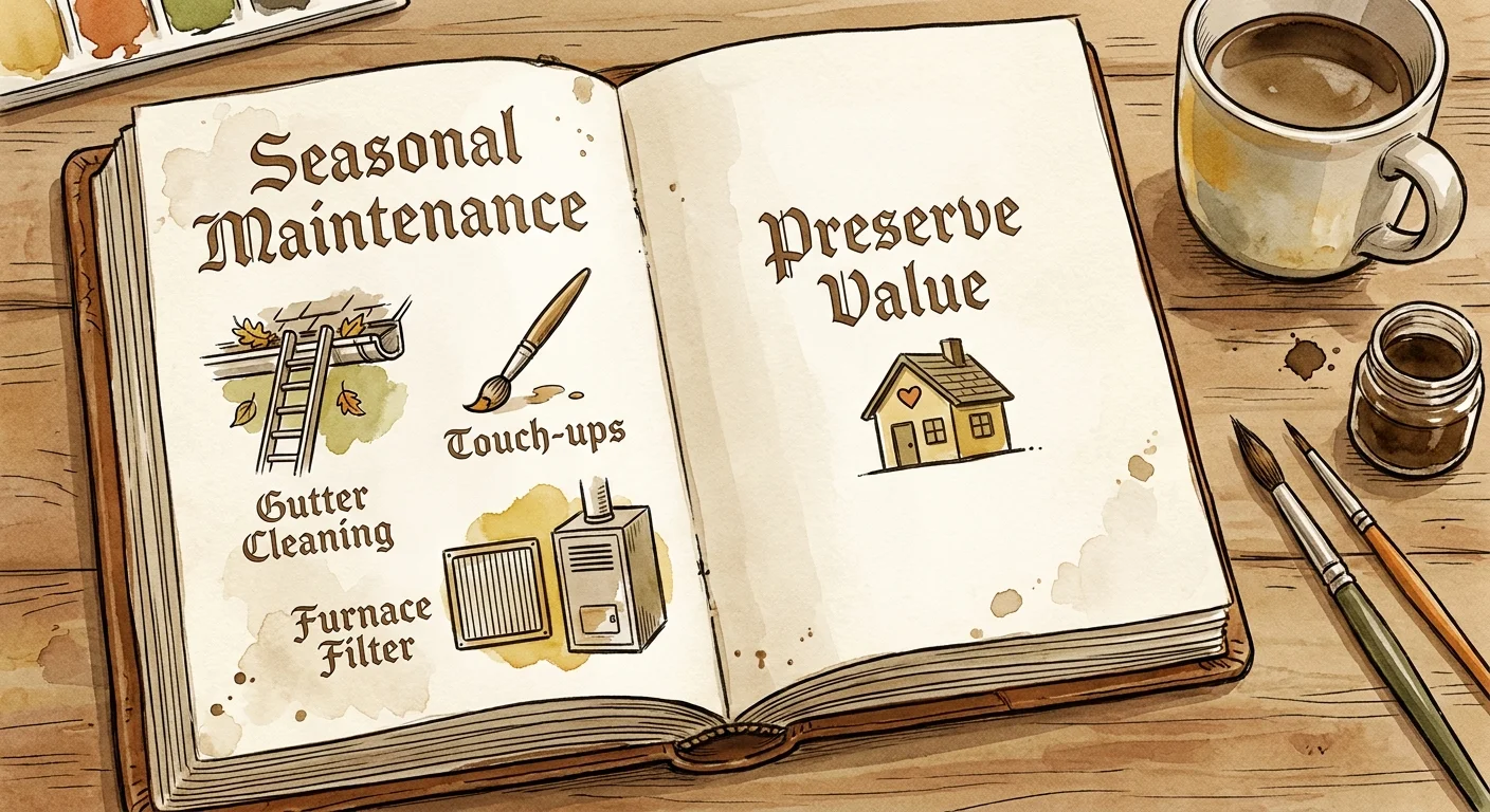 An illustrated notebook showing a checklist of home maintenance tasks like gutter cleaning and painting.