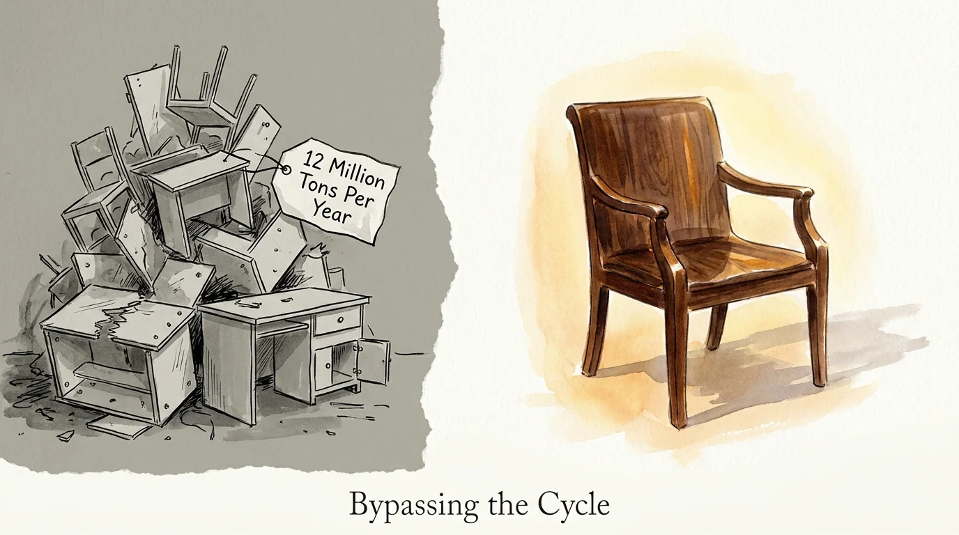 An illustration comparing a grey pile of discarded furniture labeled 12 million tons to a glowing, solid mahogany chair.