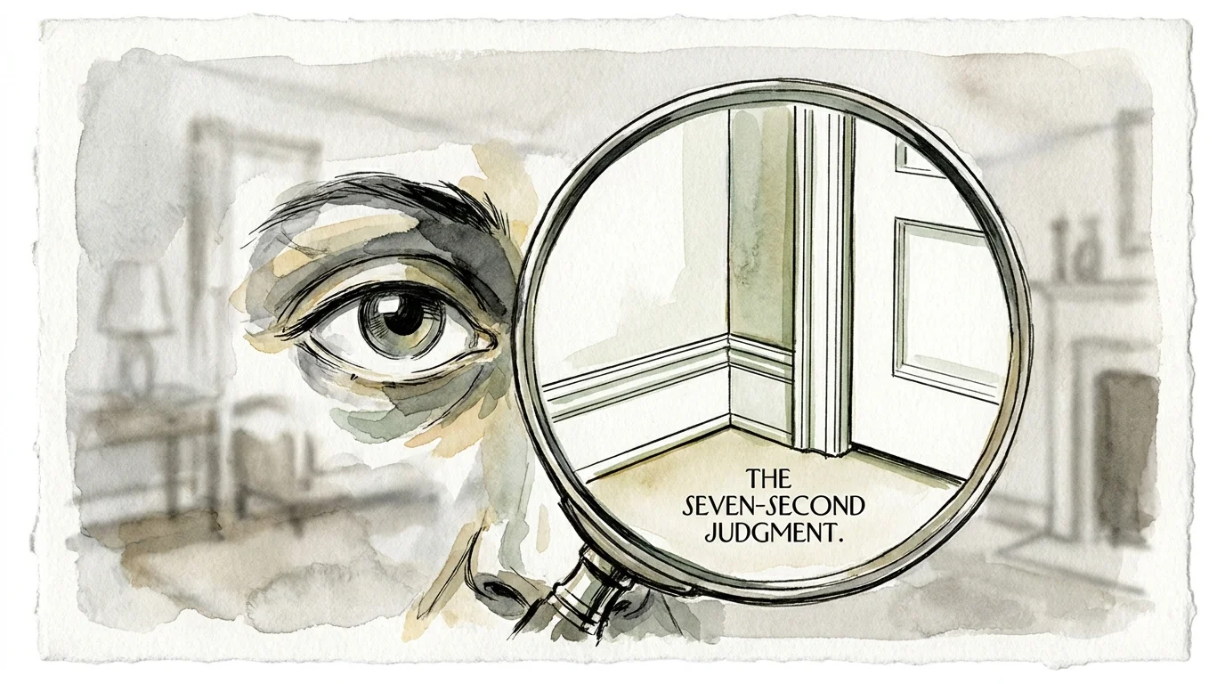 An illustration of a magnifying glass focusing on a clean room corner, symbolizing guest attention to detail.