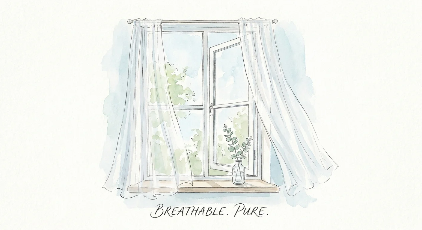 An illustration of an open window with curtains blowing in the breeze and a sprig of eucalyptus on the sill.