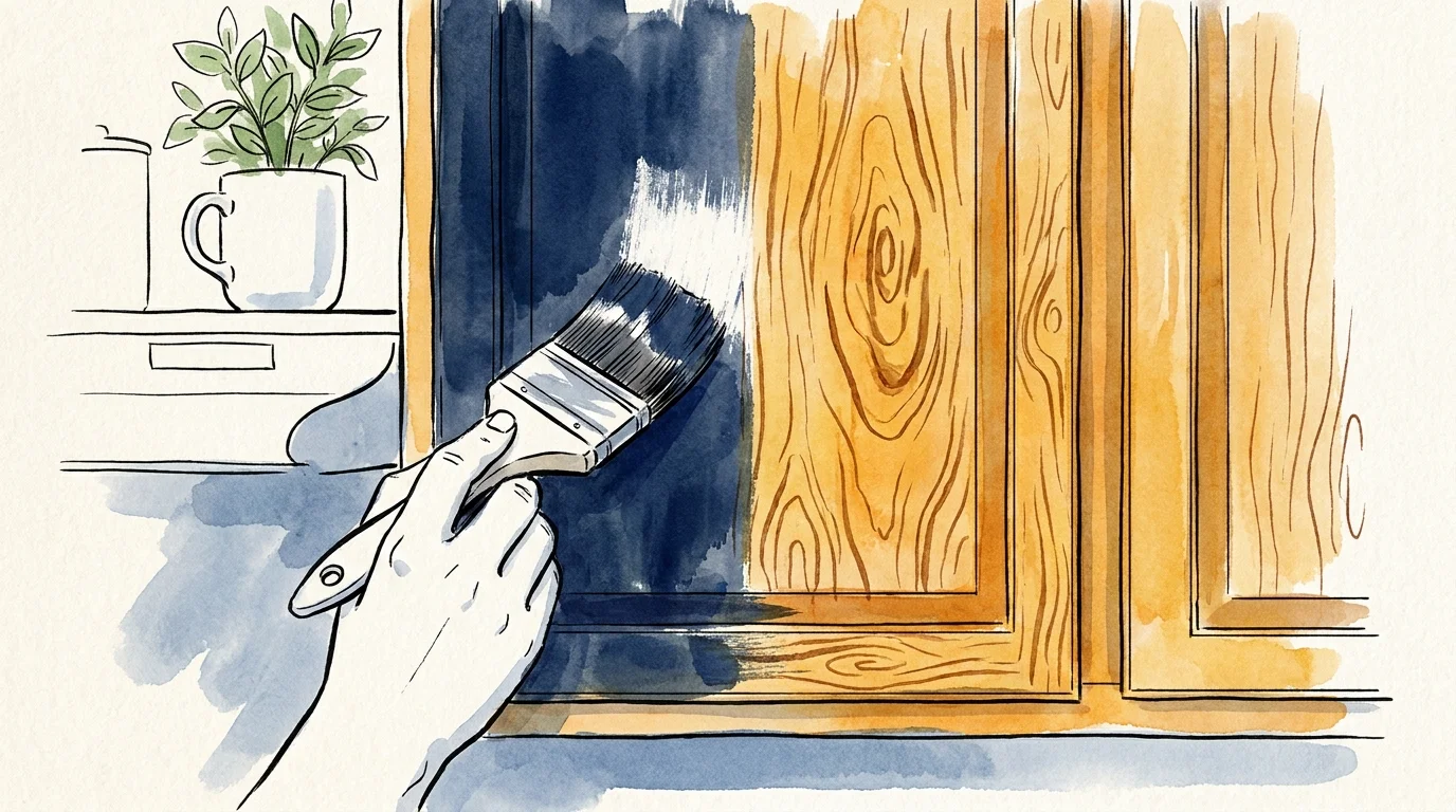 An illustration showing a kitchen cabinet being painted navy blue to cover outdated honey oak wood grain.