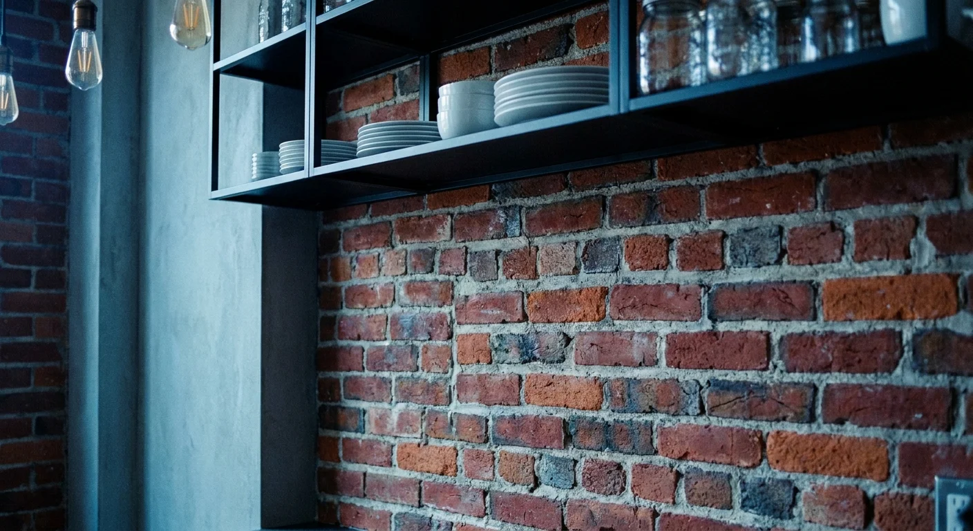 An industrial kitchen with a red brick veneer accent wall and black open shelving.
