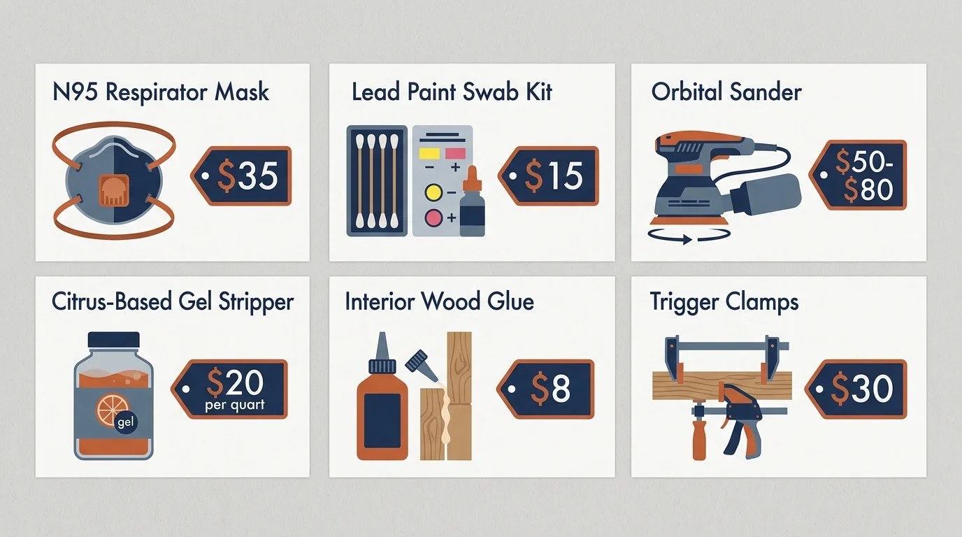 An infographic grid showing furniture restoration tools like a respirator, lead kit, and sander with their specific prices.