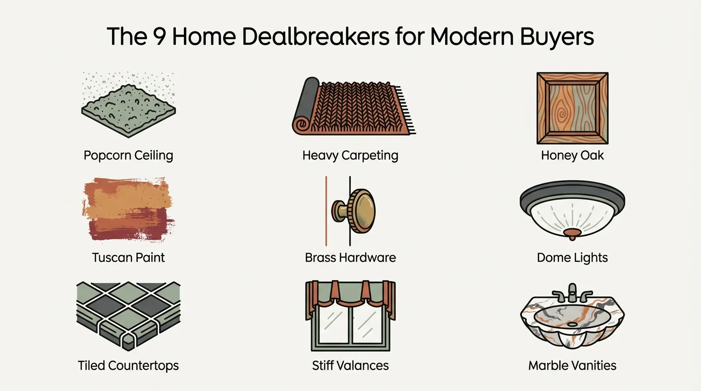 An infographic grid showing icons for 9 outdated home features like popcorn ceilings, honey oak, and brass hardware.
