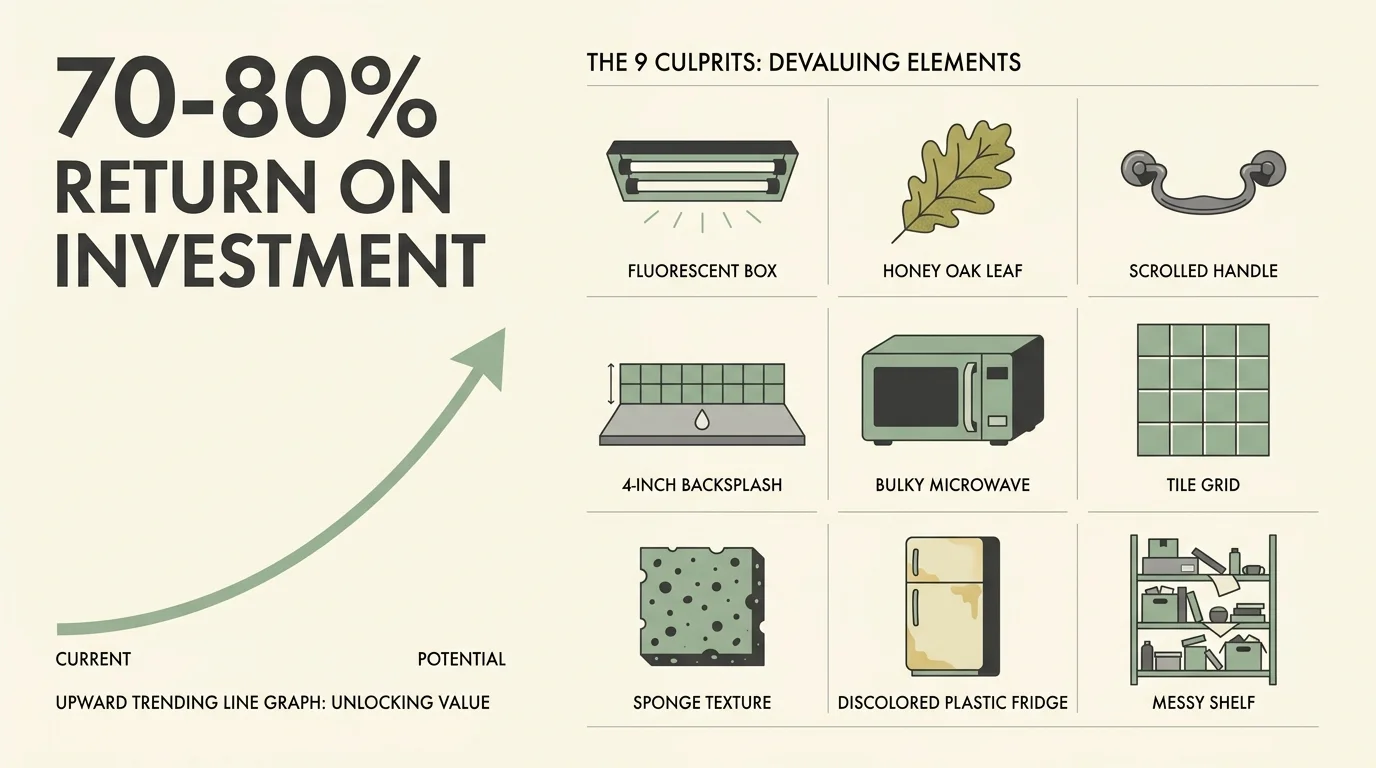 An infographic showing a 70-80% ROI for kitchen remodels and icons for nine outdated kitchen features to replace.