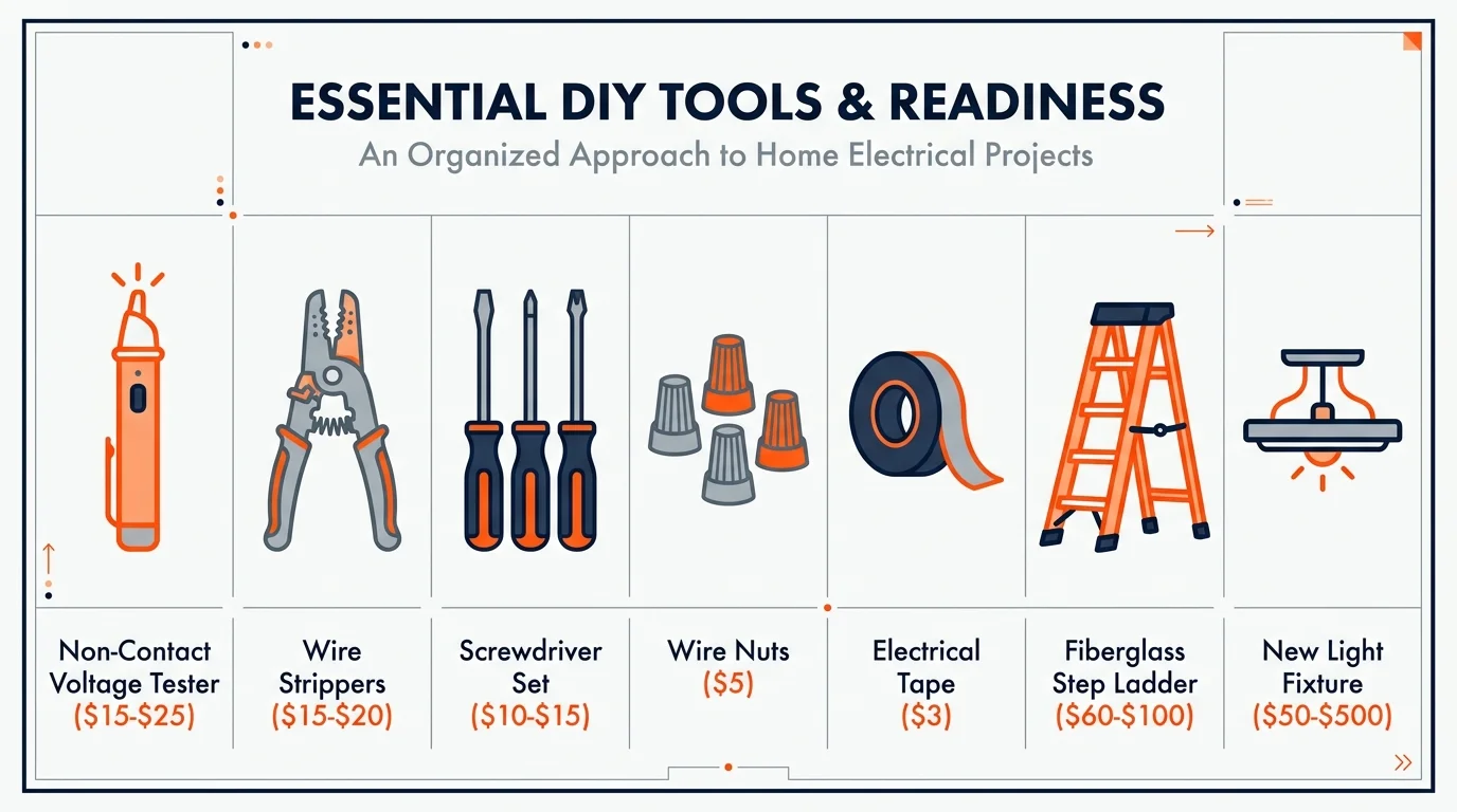 An infographic showing a checklist of tools needed for light installation, including a voltage tester, wire strippers, and a fiberglass ladd