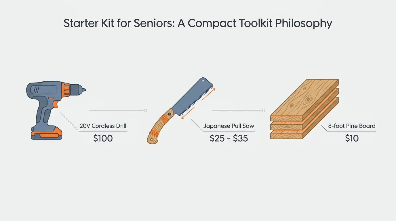 An infographic showing a cordless drill, Japanese pull saw, and pine board with their respective prices.